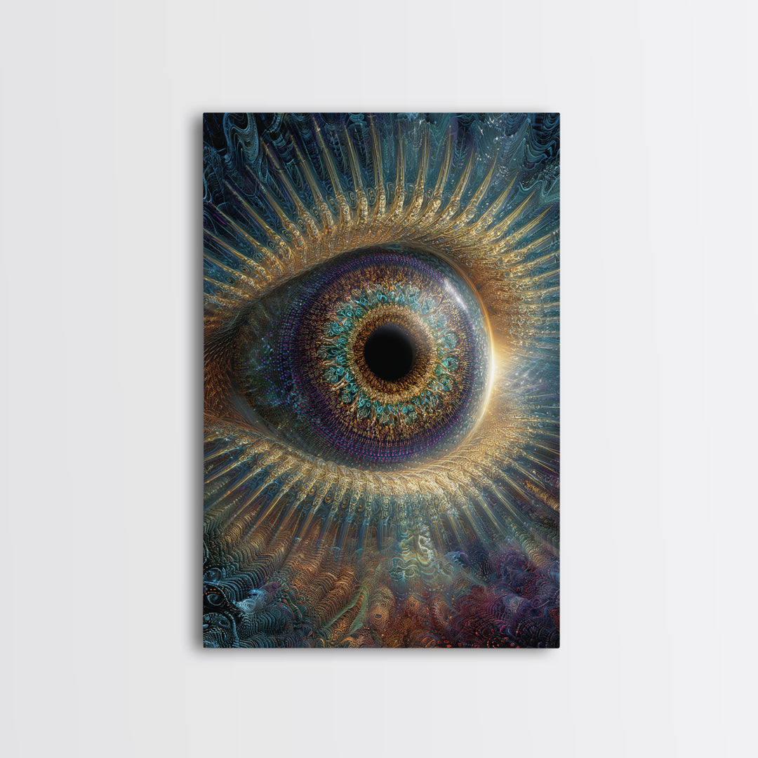 Surreal Cosmic Eye Wall Art, Mystical Iris Framed Canvas Print, Spiritual Vision Office Decor, Statement Artwork Gift For Him