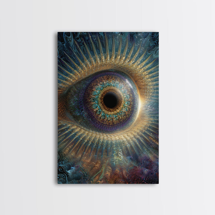 Surreal Cosmic Eye Wall Art, Mystical Iris Framed Canvas Print, Spiritual Vision Office Decor, Statement Artwork Gift For Him