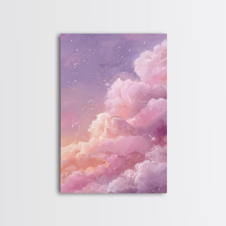 Sparkling Pink Clouds Under Starry Sky Canvas Print, Celestial Wall Art For Dreamy Bedroom Decor And Whimsical Nursery Decor