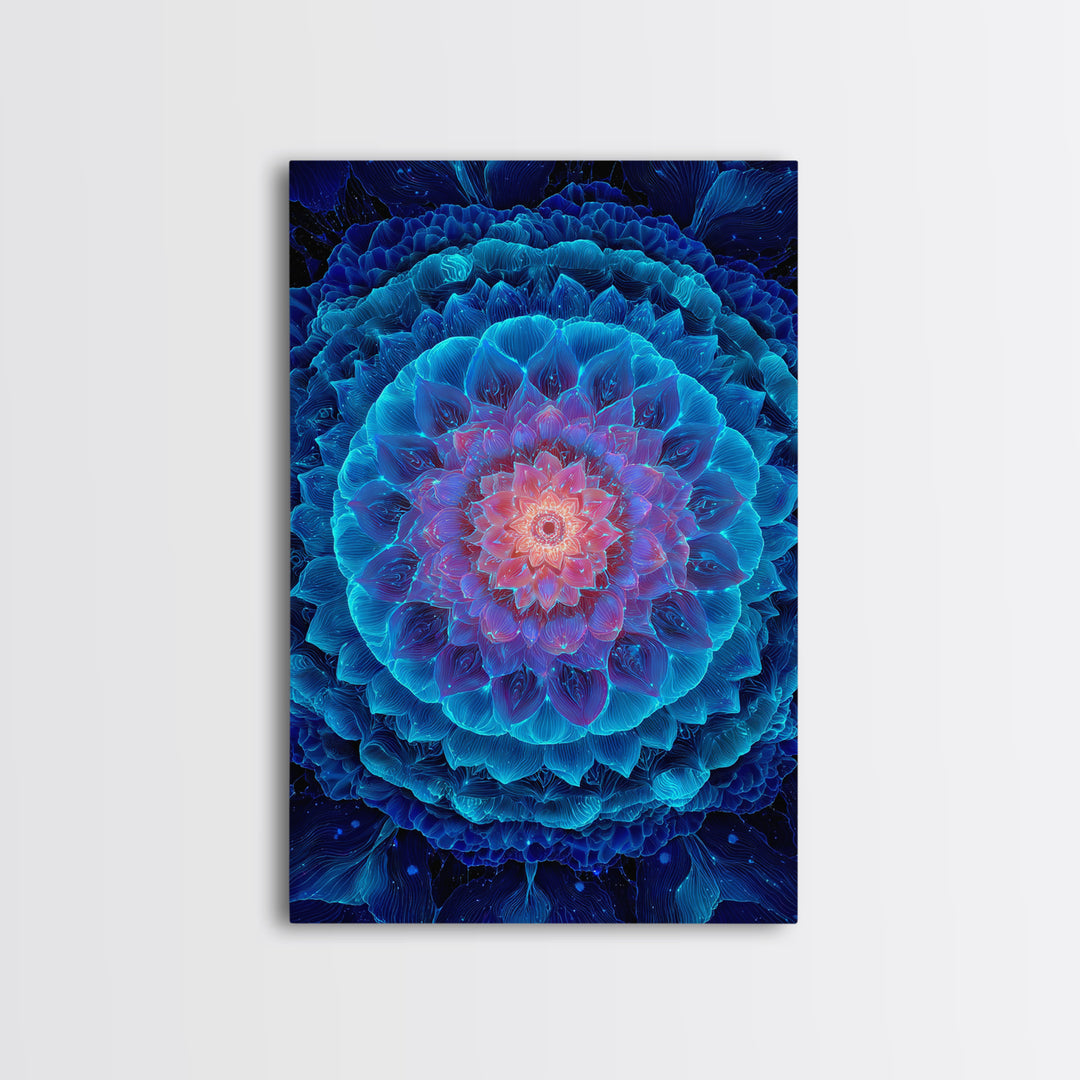 Glowing Blue Lotus Mandala Framed Canvas Print, Spiritual Wall Art, Meditation Decor, Celestial Abstract Art For Yoga Room