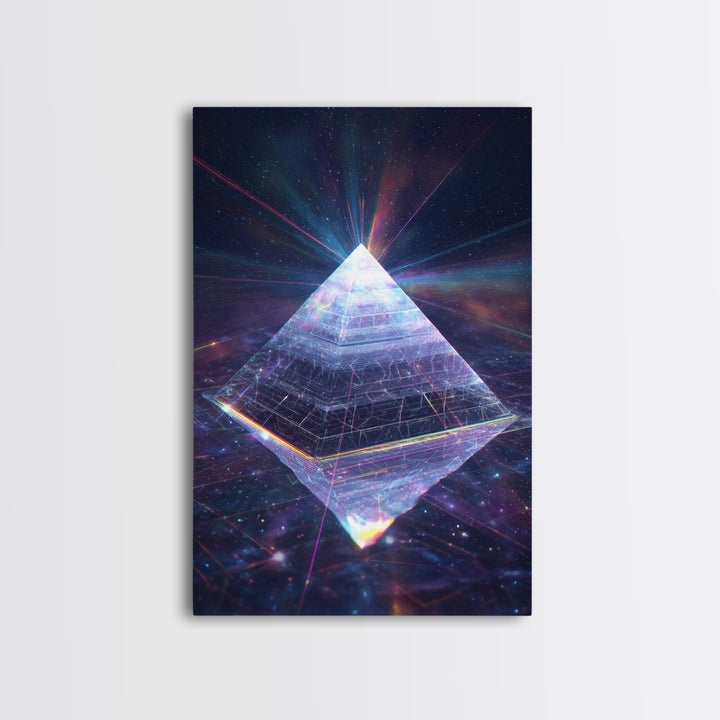 Glowing Crystal Pyramid Framed Canvas Print, Celestial Space Wall Art, Sacred Geometry Decor For Modern Home And Office Decor