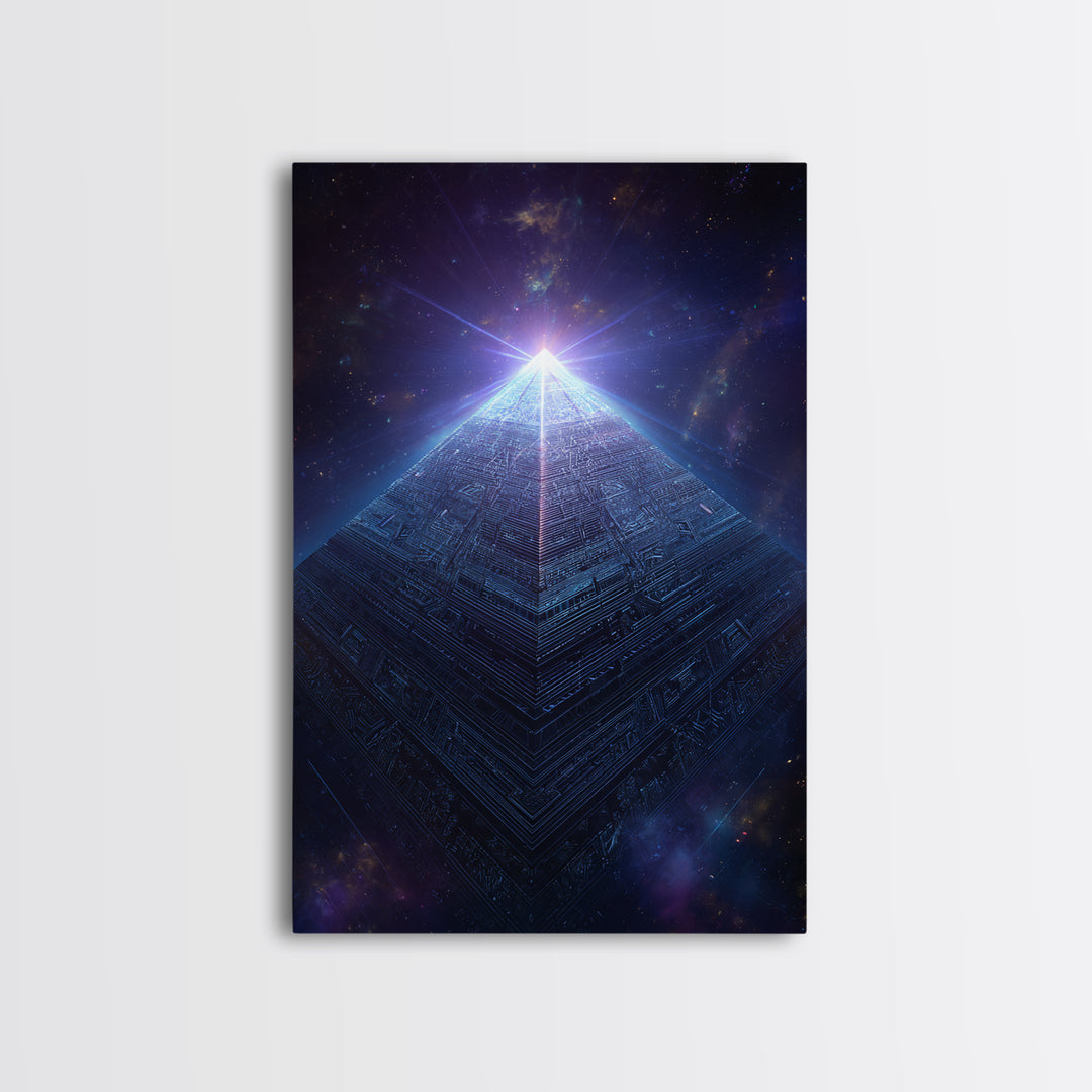 Luminous Cosmic Pyramid In Starry Space Wall Art, Geometric Sci Fi Art Print, Futuristic Decor, Mystical Statement Wall Art