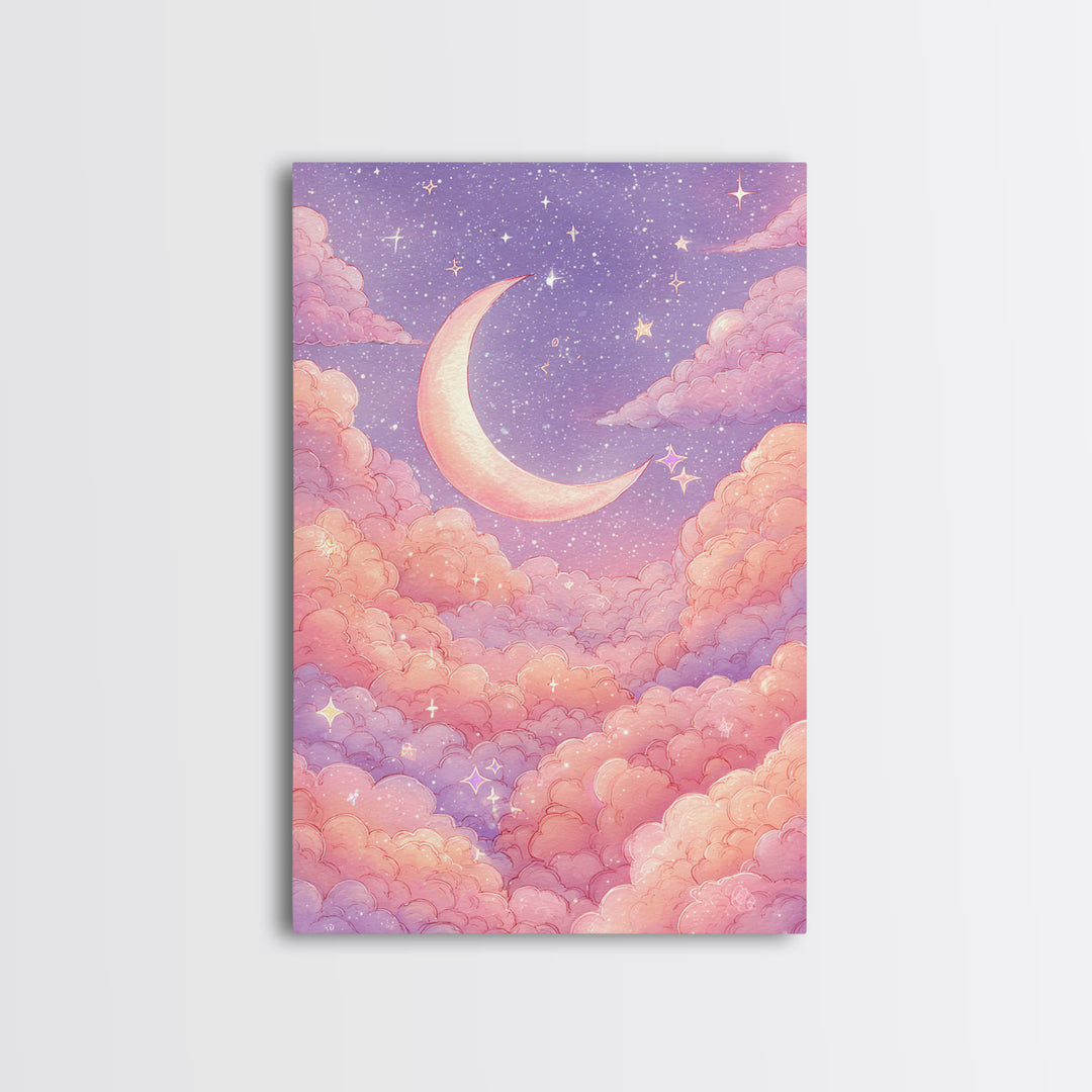 Pastel Crescent Moon In Pink Clouds Wall Art, Celestial Nursery Art, Dreamy Moon And Stars Decor For Bedroom Wall Decor Gift