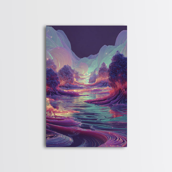 Iridescent Fantasy River Wall Art, Dreamy Alien Landscape Canvas, Colorful Nature Decor, Surreal Bedroom Art Print Gift Idea