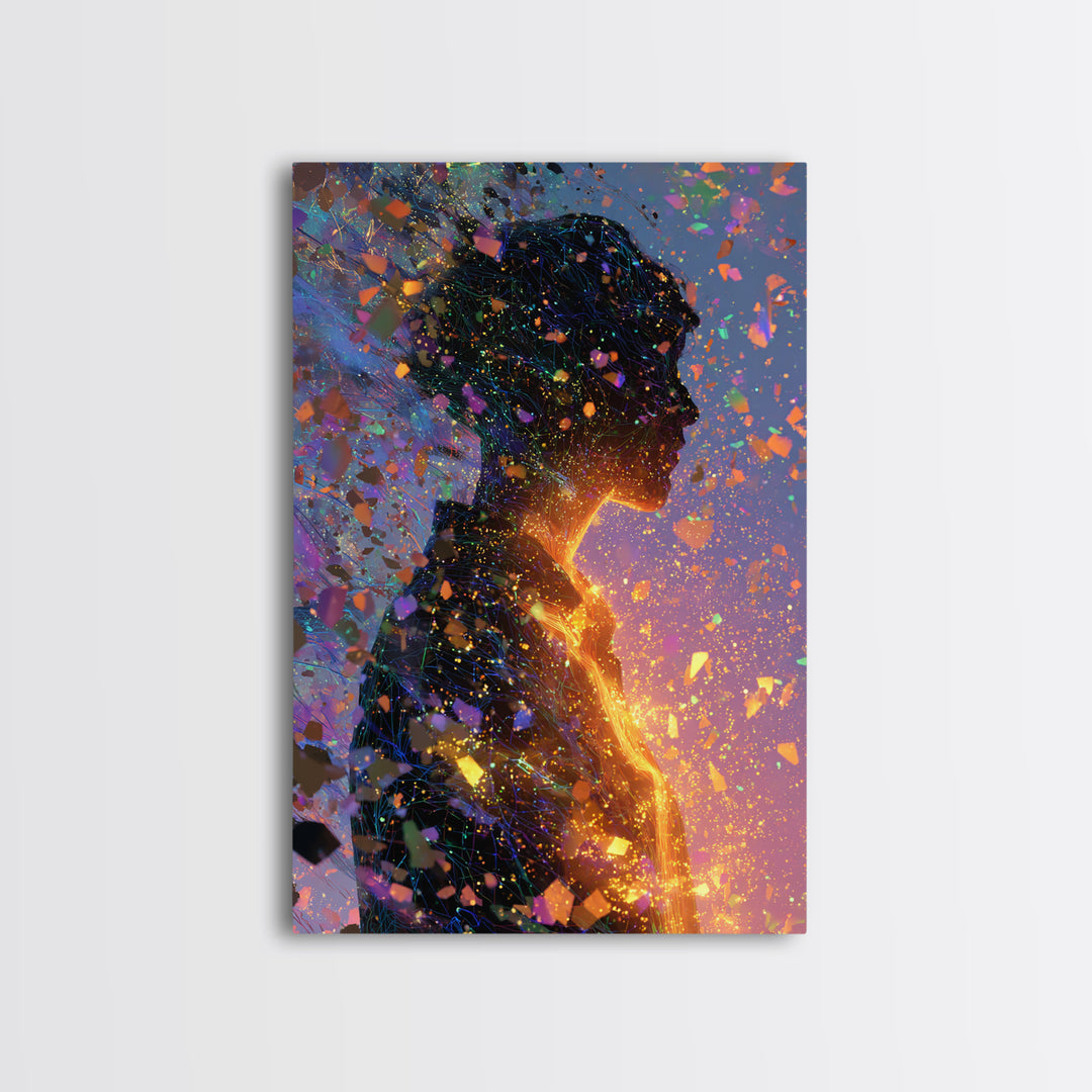 Glowing Woman Silhouette With Confetti Wall Art, Abstract Figurative Art Print, Feminine Wall Art, Colorful Modern Decor