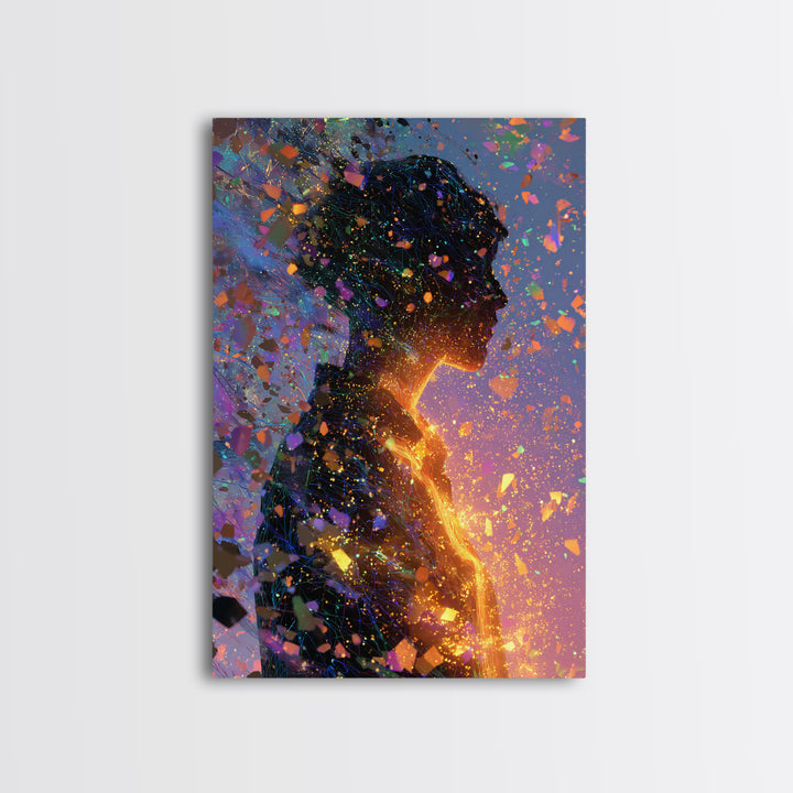 Glowing Woman Silhouette With Confetti Wall Art, Abstract Figurative Art Print, Feminine Wall Art, Colorful Modern Decor
