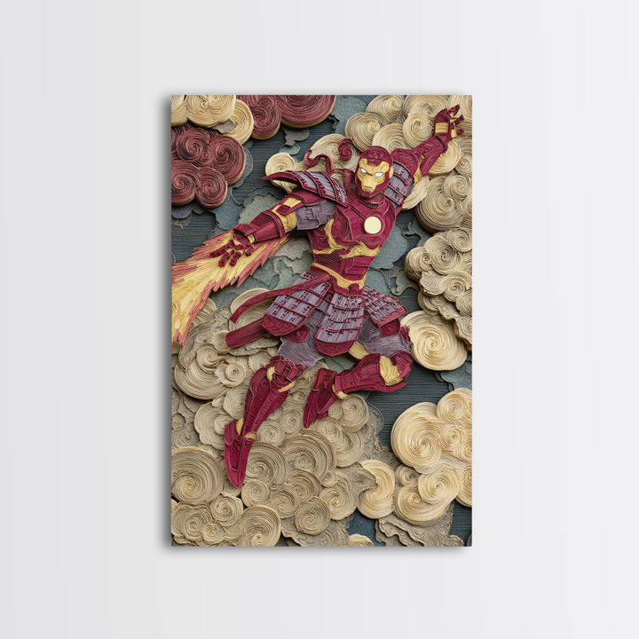 Red Gold Armored Samurai Hero Canvas Print, Futuristic Sci Fi Wall Art For Gaming Room Decor And Bold Geek Home Decor Gift