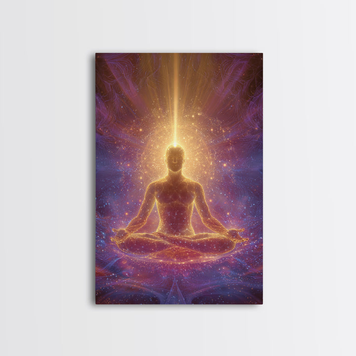 Spiritual Meditation Man Illuminated In Cosmic Energy Glow Wall Art Canvas Print For Mindfulness Home And Yoga