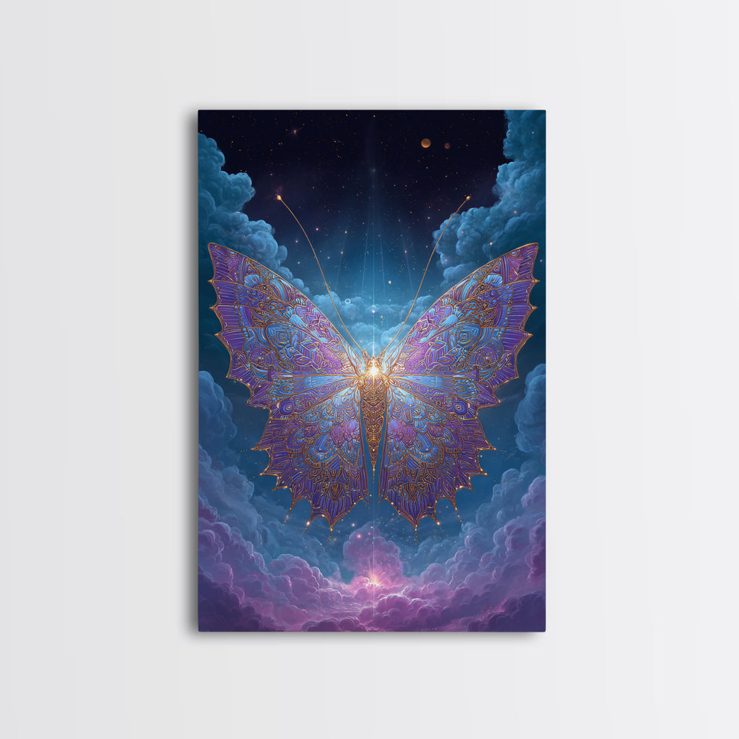 Radiant Celestial Butterfly Framed Canvas Print, Fantasy Insect Wall Art, Mystical Cloud Decor, Ethereal Nursery Gift Idea