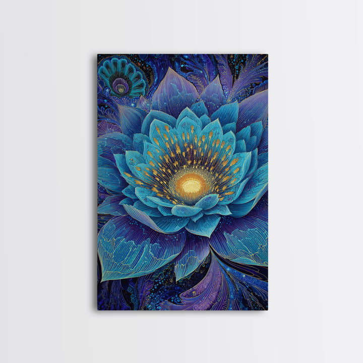 Radiant Blue Lotus Flower Wall Art, Spiritual Botanical Print, Meditation Room Decor, Boho Yoga Studio Canvas Gift For Her