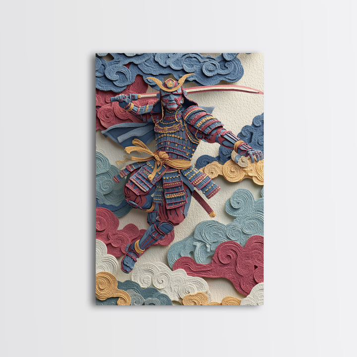 Blue Red Samurai Warrior With Katana Framed Canvas Print, Japanese Wall Art For Martial Arts Decor And Masculine Office Decor