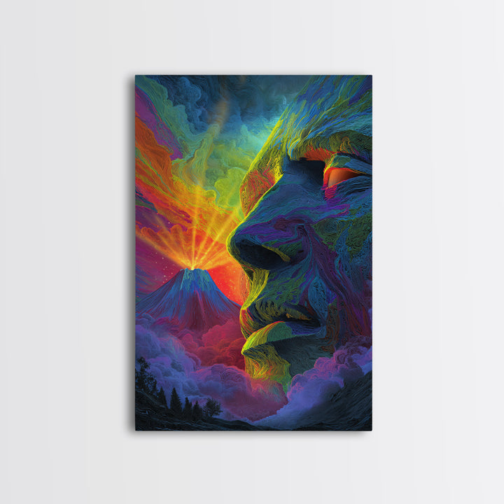 Volcanic Stone Face Dreamscape Wall Art, Surreal Mountain Landscape Print, Psychedelic Fantasy Decor, Statement Poster Gift