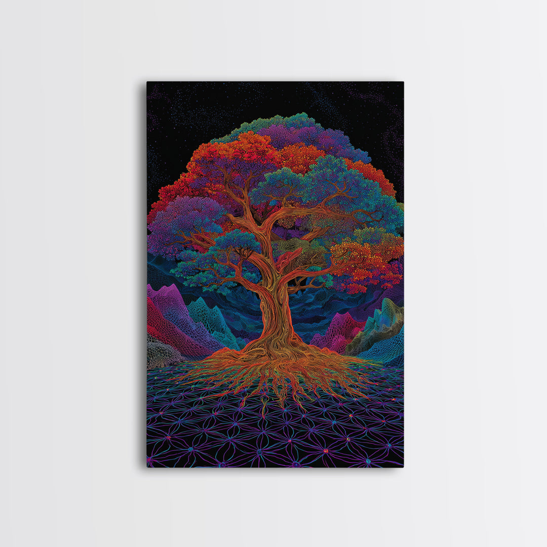 Vibrant Psychedelic Rainbow Tree With Abstract Roots Wall Art Canvas Print For Living Room And Boho Home Decor