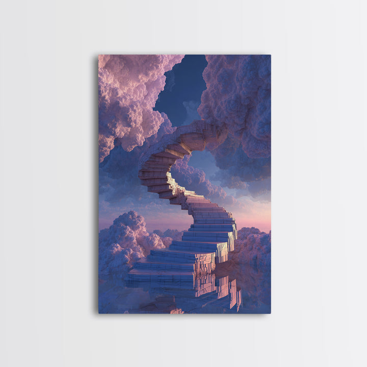 Stairway Through Pink Clouds Framed Canvas Print, Surreal Sky Wall Art, Dreamy Fantasy Decor, Ethereal Home Decor Gift Idea