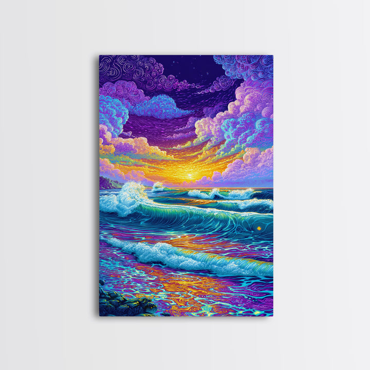 Colorful Ocean Waves Sunset Abstract Seascape Wall Art Canvas Print Bright Relaxing Living Room Decor Modern Coastal Art