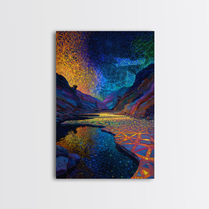 Sacred Geometry Canyon River Wall Art, Flower Of Life Landscape Print, Psychedelic Nature Decor, Meditation Room Wall Art