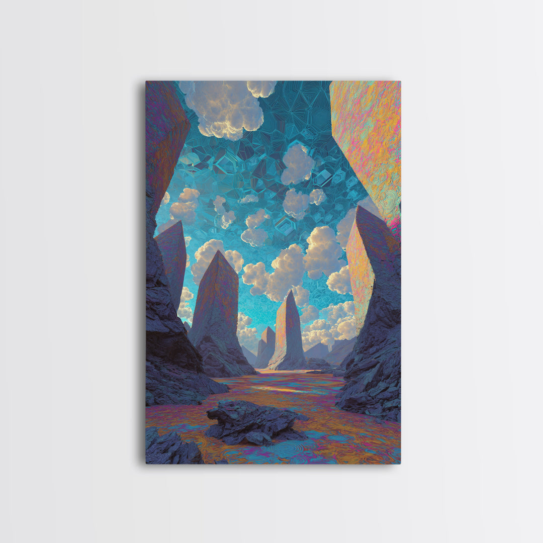 Surreal Crystal Canyon With Floating Clouds Framed Canvas Print, Futuristic Landscape Wall Art, Sci Fi Home Decor, Office Decor