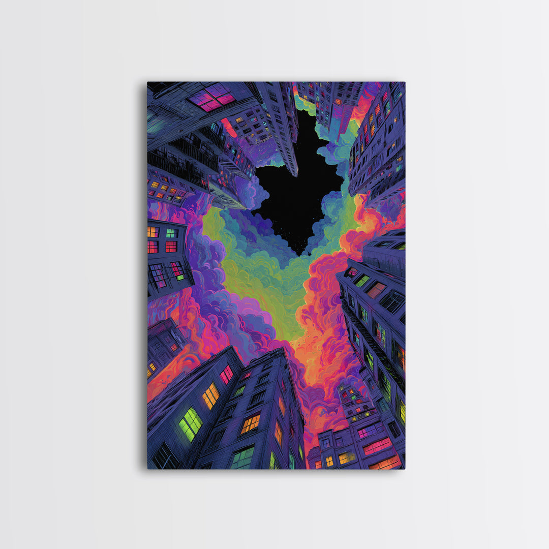 Neon City Skyscrapers Under Rainbow Clouds Wall Art, Urban Pop Art Print, Cyberpunk Decor, Modern Maximalist Living Room Wall Art