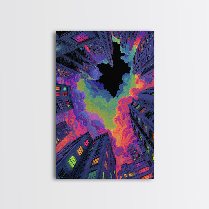 Neon City Skyscrapers Under Rainbow Clouds Wall Art, Urban Pop Art Print, Cyberpunk Decor, Modern Maximalist Living Room Wall Art