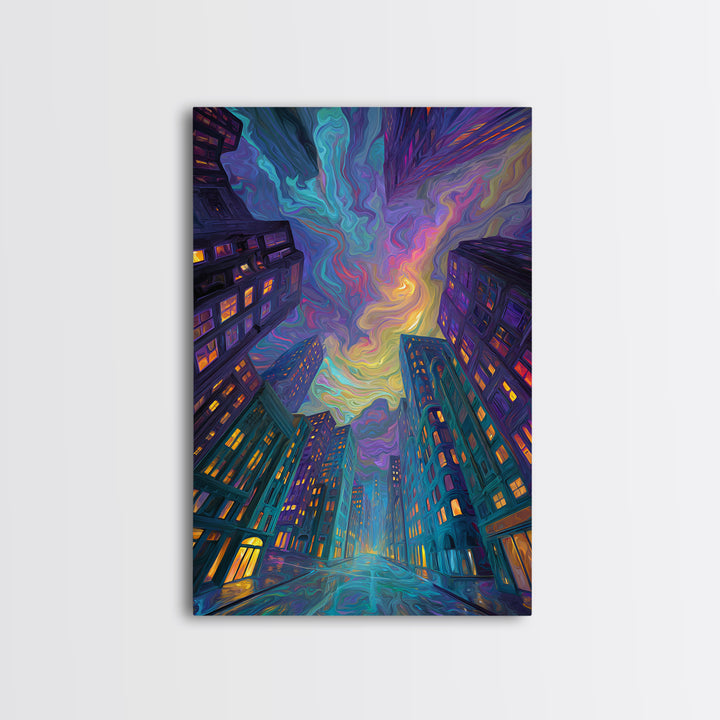 Swirling Neon City Skyline Framed Canvas Print, Psychedelic Urban Wall Art, Modern Apartment Decor, Colorful Living Room Gift