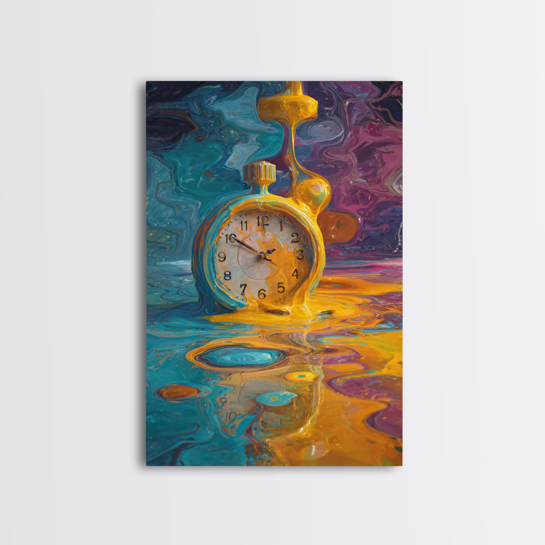 Melting Golden Alarm Clock Canvas Print, Surreal Wall Art, Colorful Abstract Painting, Whimsical Office Decor, Unique Gift