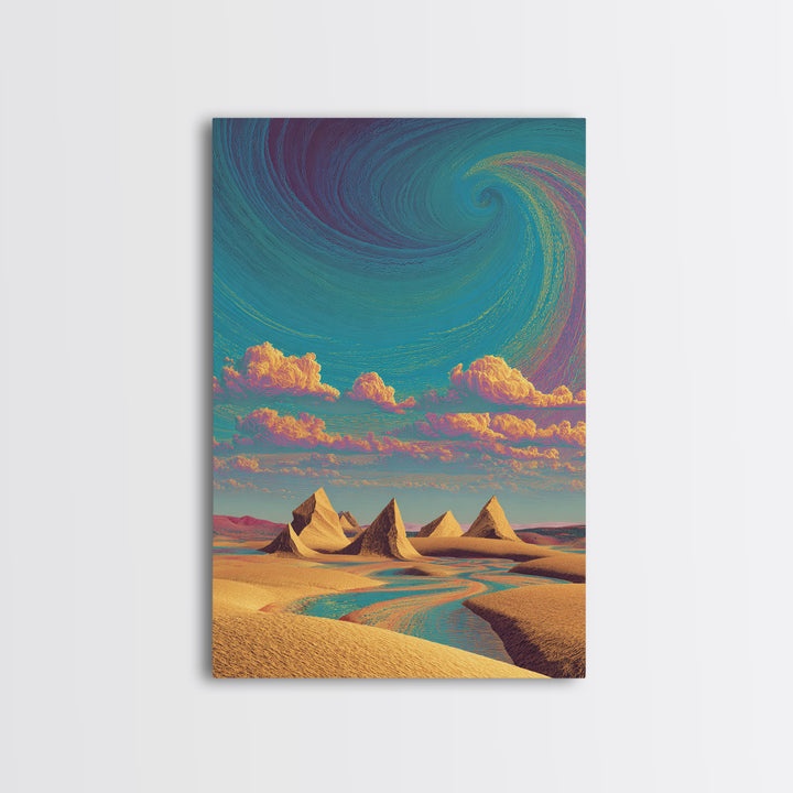 Surreal Desert Landscape With Pyramids And Swirling Sky Wall Art Modern Contemporary Canvas Print For Home Decor