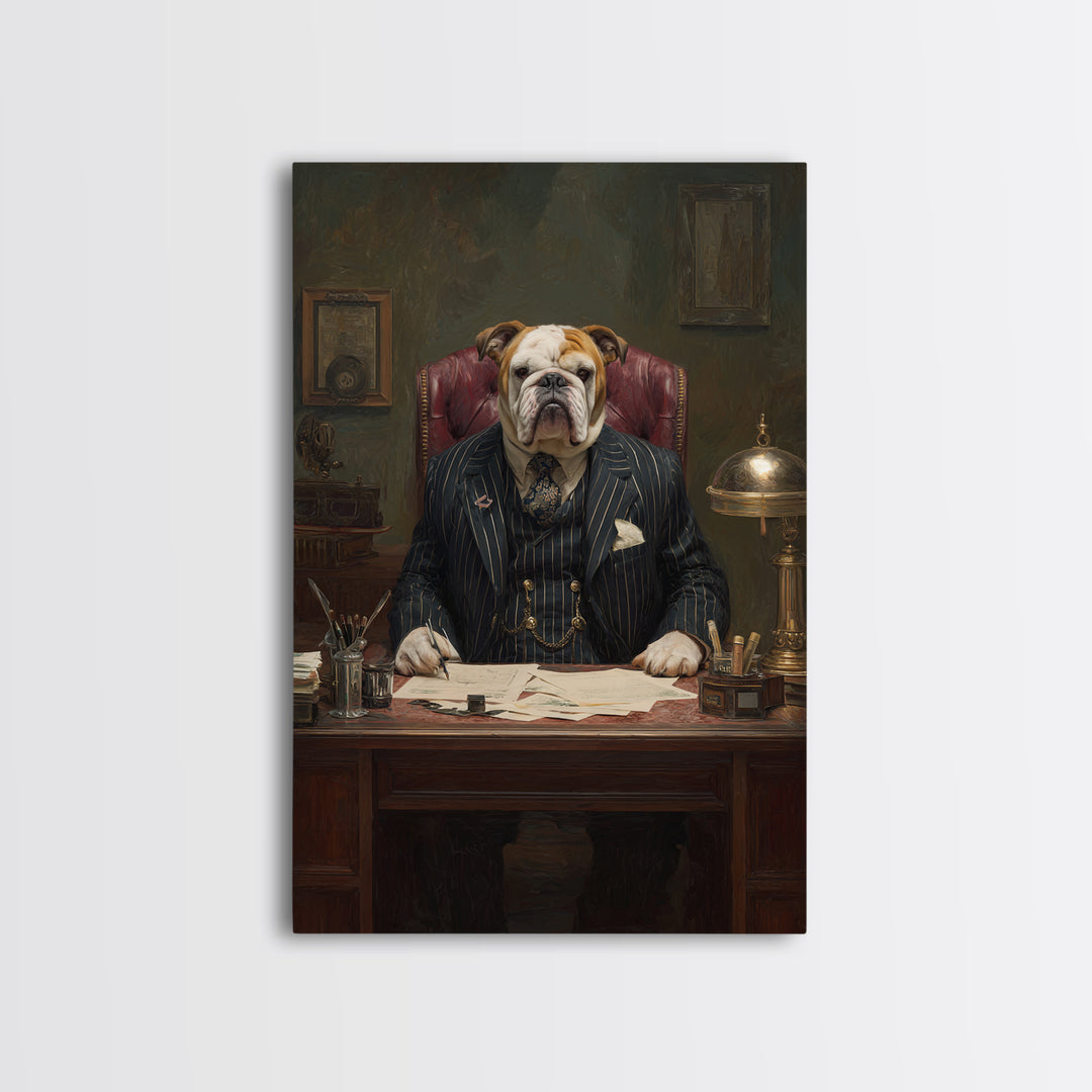 Bulldog Lawyer At Antique Desk Framed Canvas Print, Funny Dog Wall Art For Law Office Decor, Gentleman Pet Portrait Gift