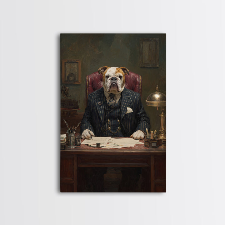 Bulldog Lawyer At Antique Desk Framed Canvas Print, Funny Dog Wall Art For Law Office Decor, Gentleman Pet Portrait Gift
