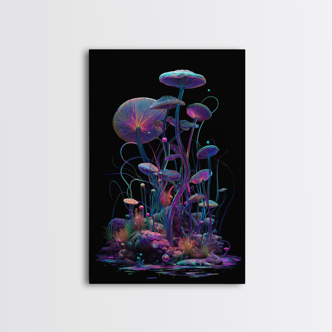 Bioluminescent Mushroom Garden On Black, Psychedelic Wall Art, Trippy Canvas Print, Gothic Decor, Unique Maximalist Gift