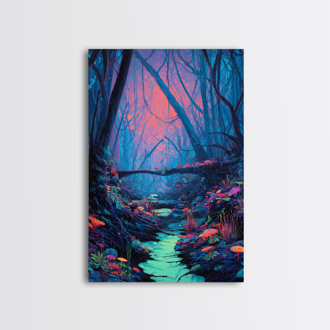 Enchanted Forest With Vibrant Colors And Glowing Mushrooms Fantasy Wall Art Print