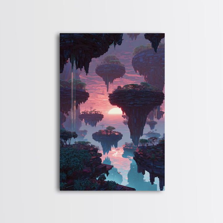 Futuristic Floating Islands With Lush Trees And Sunset Digital Fantasy Artwork Canvas Print Wall Art