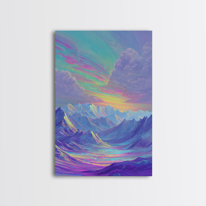 Iridescent Pastel Mountain Landscape Wall Art, Dreamy Alpine Canvas Print, Serene Calming Nature Decor, Above Bed Gift For Her