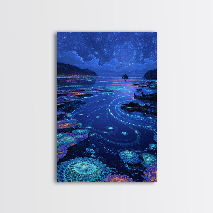 Bioluminescent Ocean Tide Pools Canvas Print, Blue Seascape Wall Art, Coastal Decor, Mystical Nature Art For Living Room