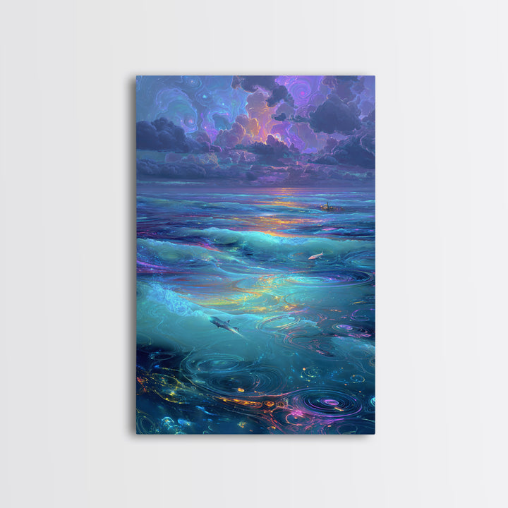Fantasy Oceanic Scene With Sharks And Mystical Water Ripples Vibrant Colorful Wall Art Canvas Print