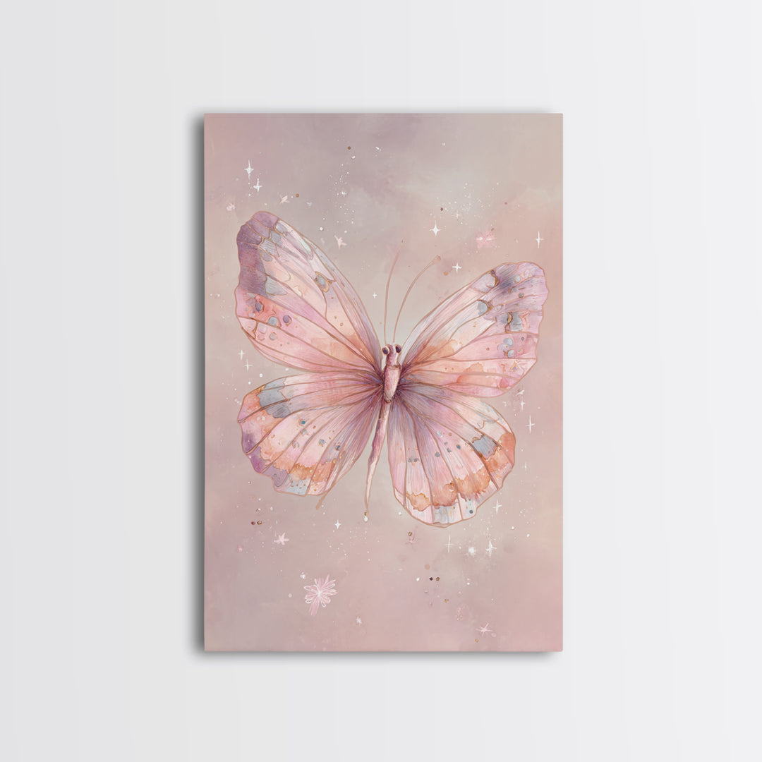 Pastel Pink Butterfly Watercolor Wall Art, Whimsical Butterfly Art Print, Nursery Decor, Feminine Bedroom Canvas Print Gift