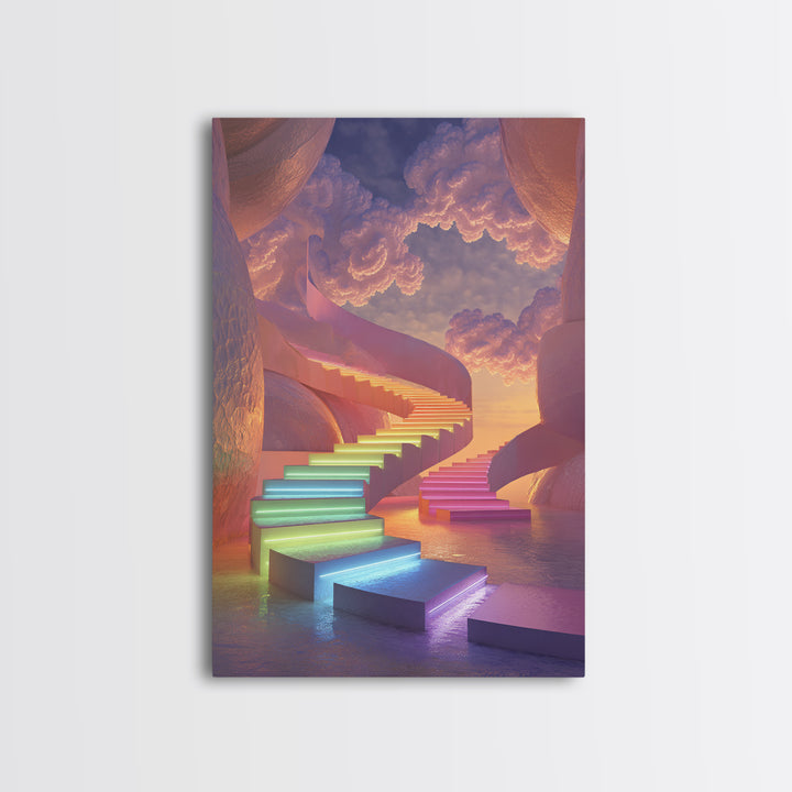 Dreamy Rainbow Stairway To Clouds Canvas Print, Surreal Pastel Fantasy Art, Celestial Wall Decor For Bedroom Home Decor Gift