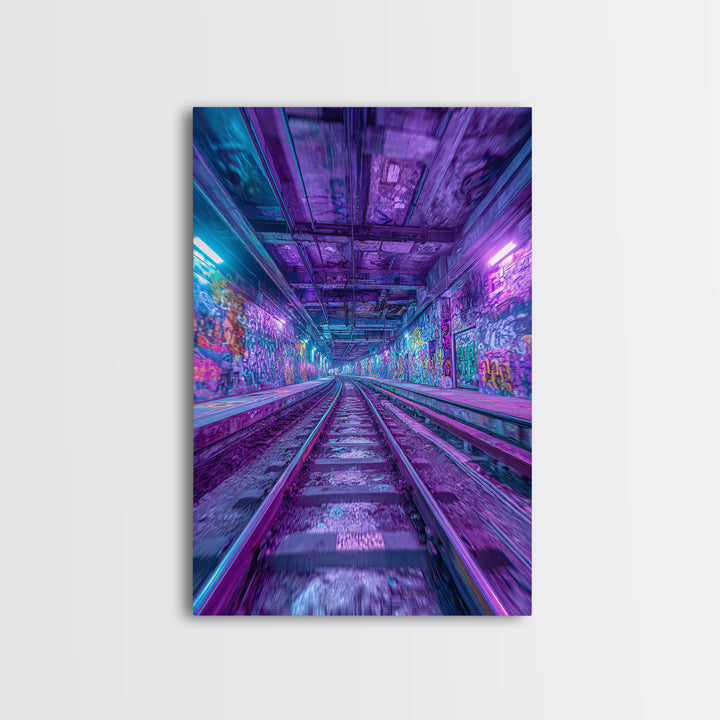 Neon Graffiti Subway Tunnel Wall Art, Cyberpunk City Canvas Print, Urban Street Decor, Apartment Gaming Room Gift For Him
