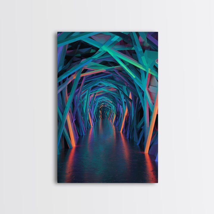 Neon Geometric Tunnel Wall Art, Futuristic Abstract Hallway Canvas, Cyberpunk Decor, Modern Office Statement Art Print Decor