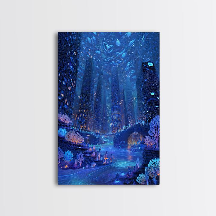 Bioluminescent Futuristic City Wall Art, Blue Sci Fi Metropolis Print, Cyberpunk Fantasy Decor, Large Canvas Poster Gift For Him