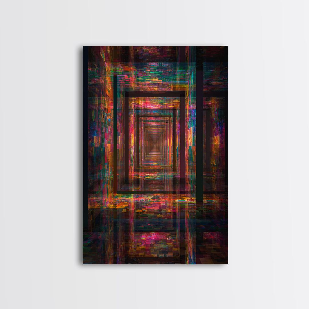 Neon Glitch Infinite Corridor, Cyberpunk Abstract Wall Art, Futuristic Canvas Print, Gaming Room Decor, Modern Office Art
