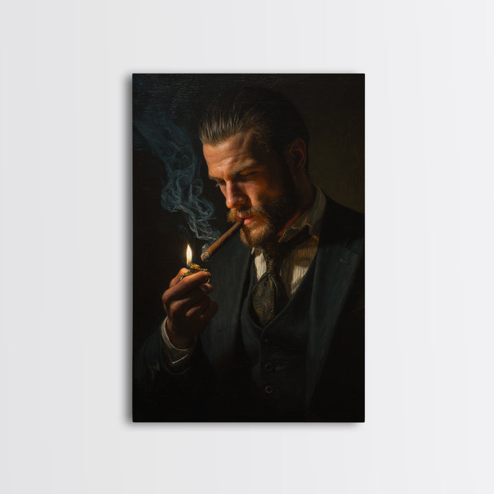 Moody Gentleman Lighting Cigar Framed Canvas Print, Dark Academia Portrait Oil Painting For Masculine Office And Man Cave Decor