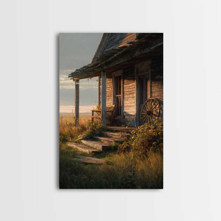 Rustic Old Wooden Cabin Porch With Wagon Wheel Country Landscape Wall Art Canvas Print For Farmhouse Decor
