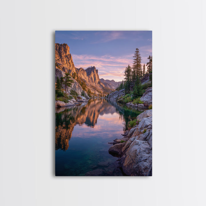 Stunning Mountain Lake Reflection At Sunset With Rocky Peaks And Pine Trees Wall Art Framed Canvas Print For Living Room