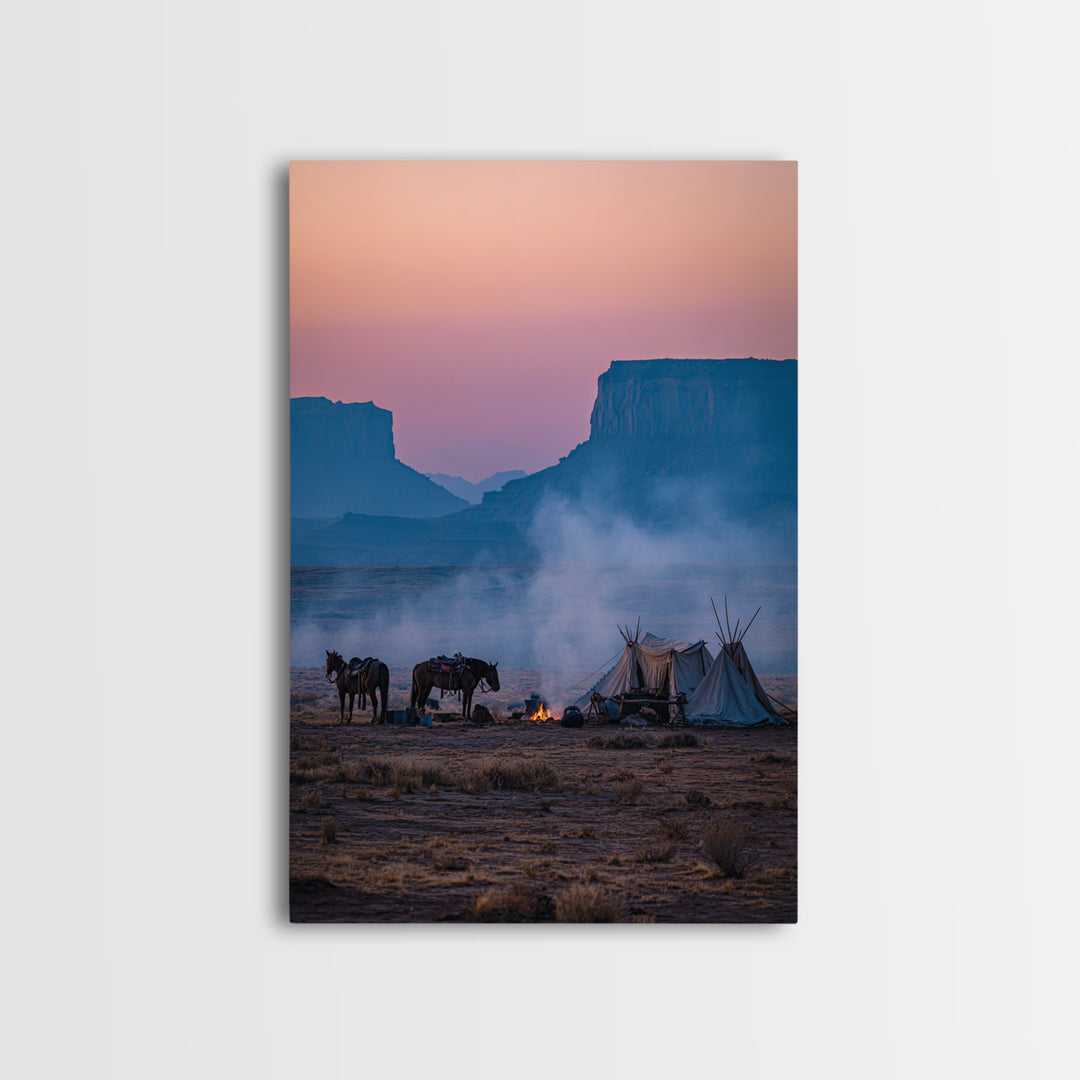 Misty Desert Sunrise With Horses And Teepees Landscape Photography Wall Art Print Large Wall Art