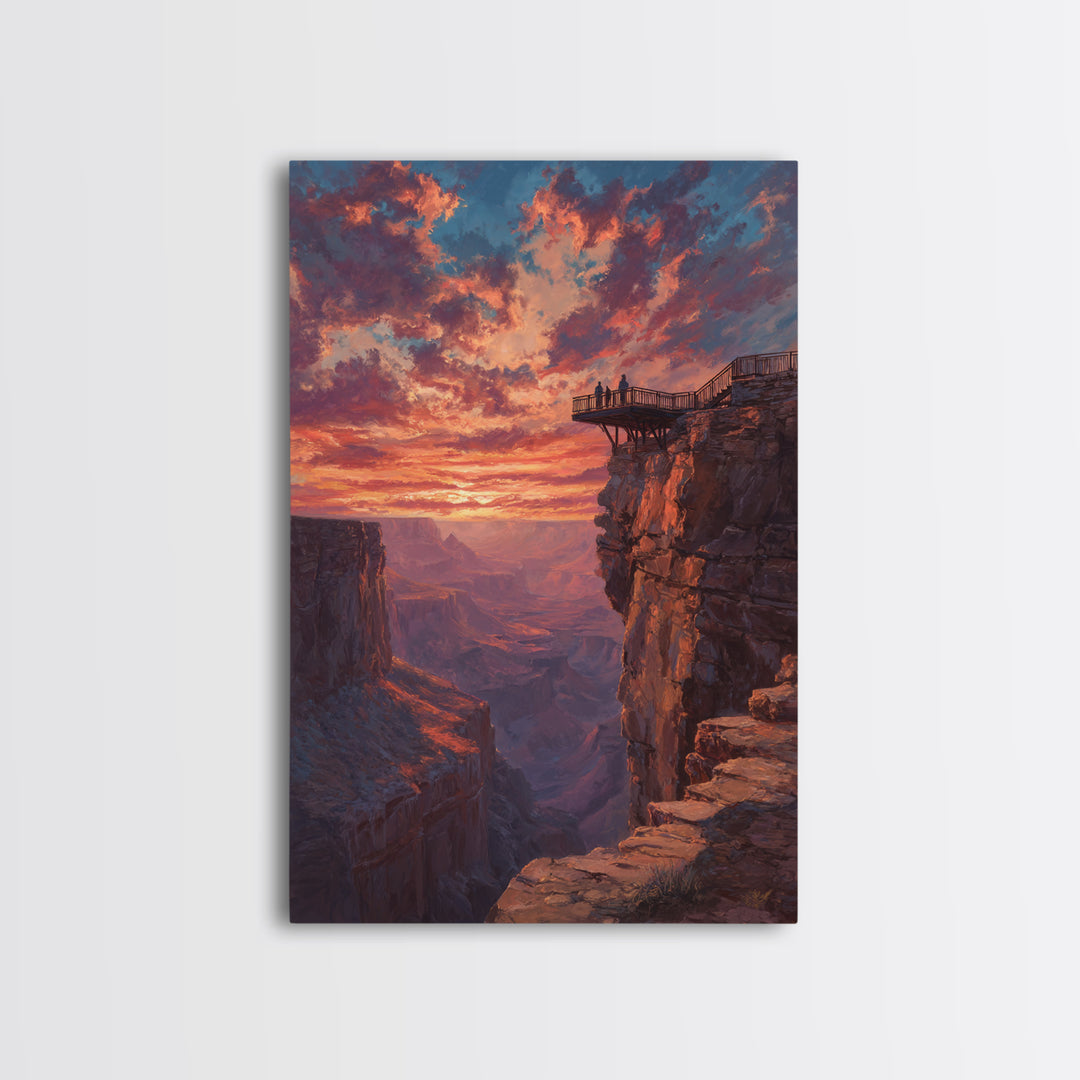 Grand Canyon Sunset With Dramatic Sky And Viewers On Overlook Wall Art Framed Canvas Print For Living Room Home Decor