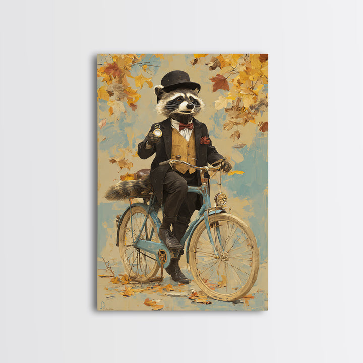 Whimsical Raccoon Riding Bicycle Canvas Print, Dapper Animal Wall Art For Nursery Room Decor And Quirky Animal Lover Gift