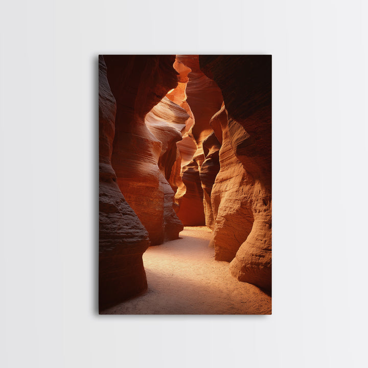 Sunlit Red Rock Canyon Pathway Between Towering Cliffs Framed Canvas Print For Rustic Home And Office Decor