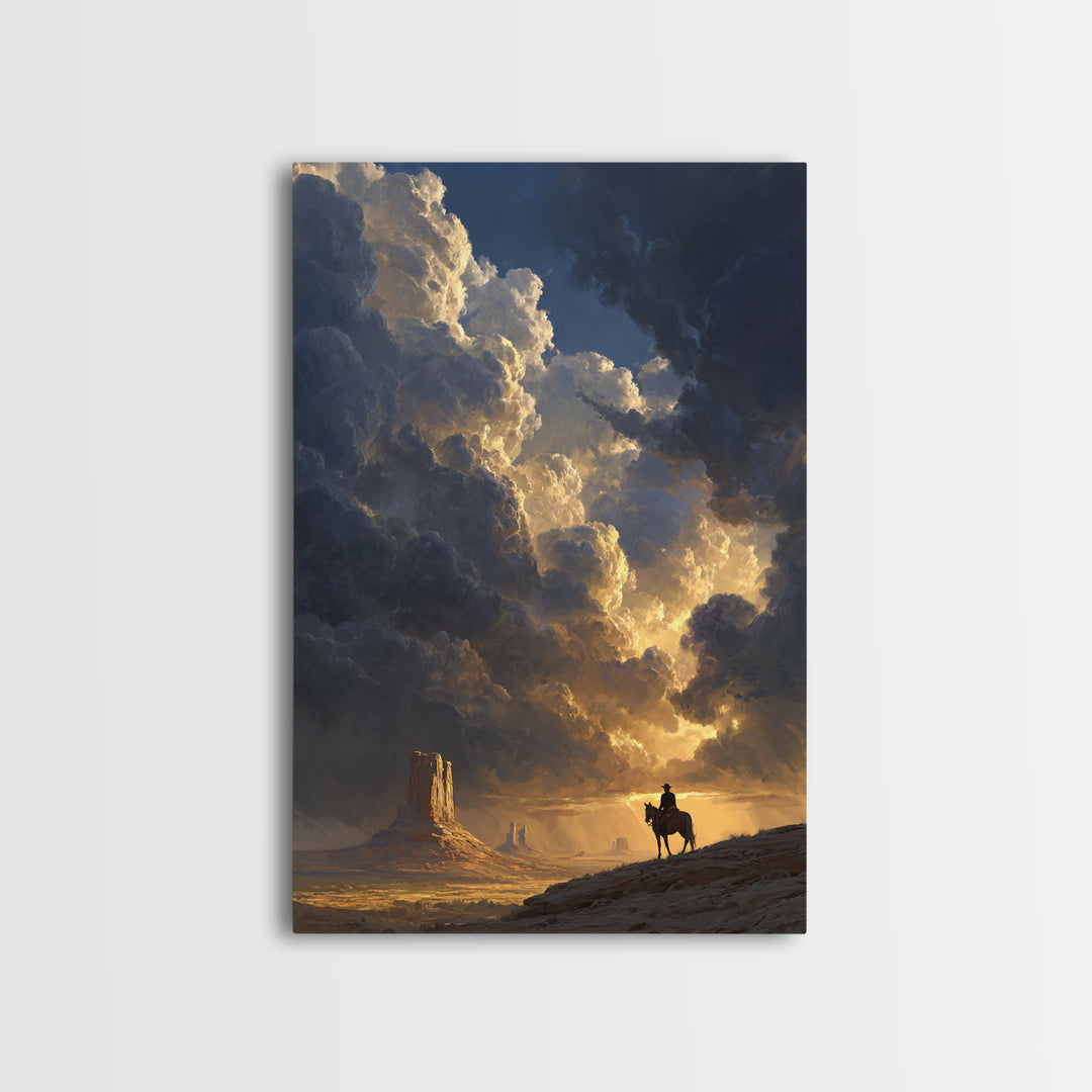 Dramatic Western Landscape With Cowboy On Horse And Monument Valley Scene Wall Art Canvas Print For Rustic Decor