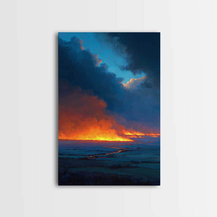Dramatic Fire And Smoke Landscape Painting Large Wall Art Canvas Print For Rustic Home Decor And Office