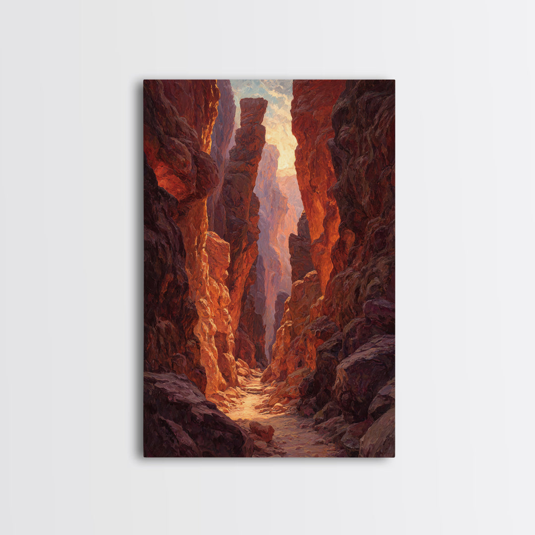 Sunlit Rocky Canyon With Warm Tones Nature Painting Wall Art Canvas Print Large Landscape Home Decor And Original Art